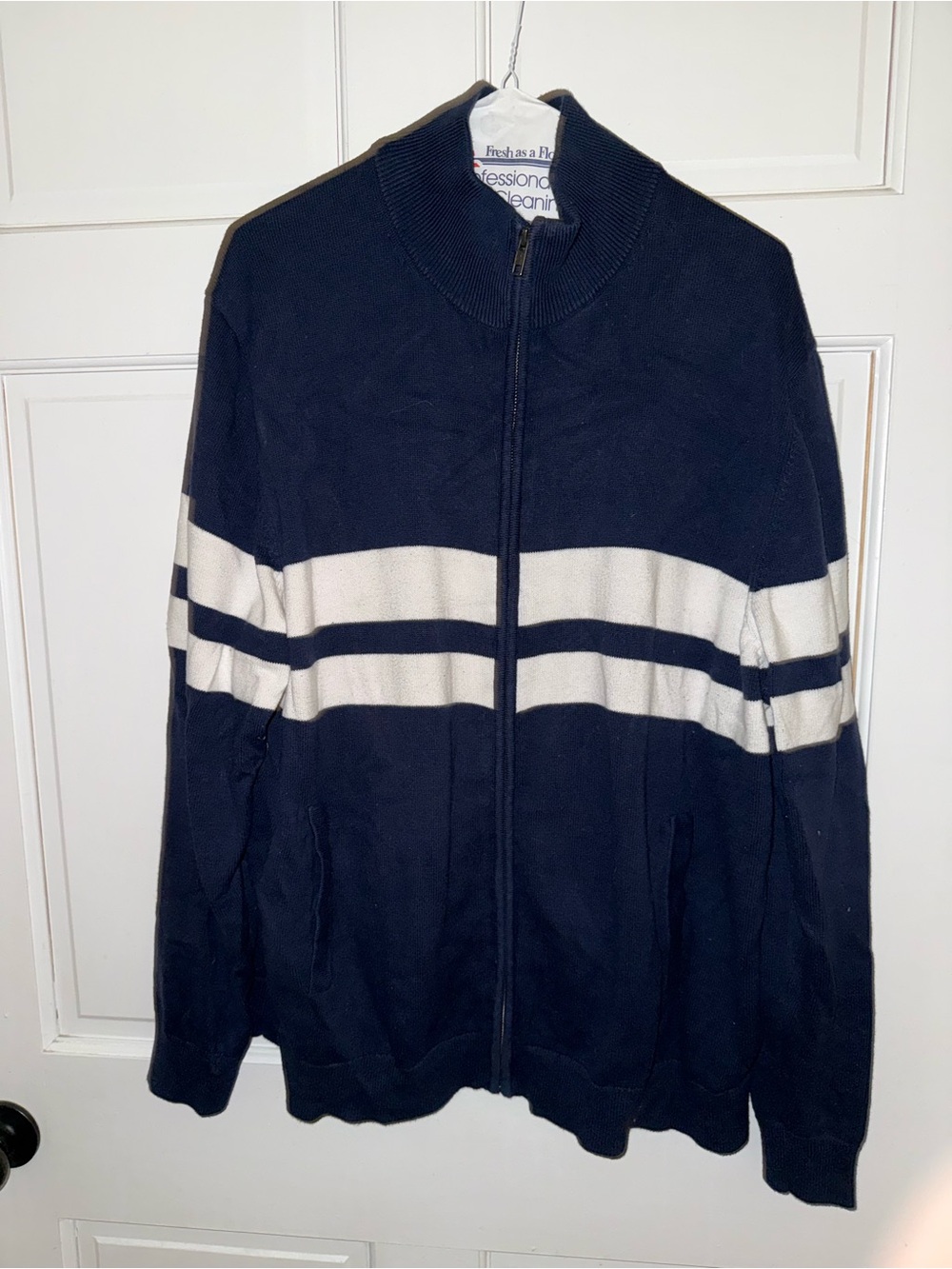 Amazon Essentials Navy Full-Zip Sweater with White Stripe Bands